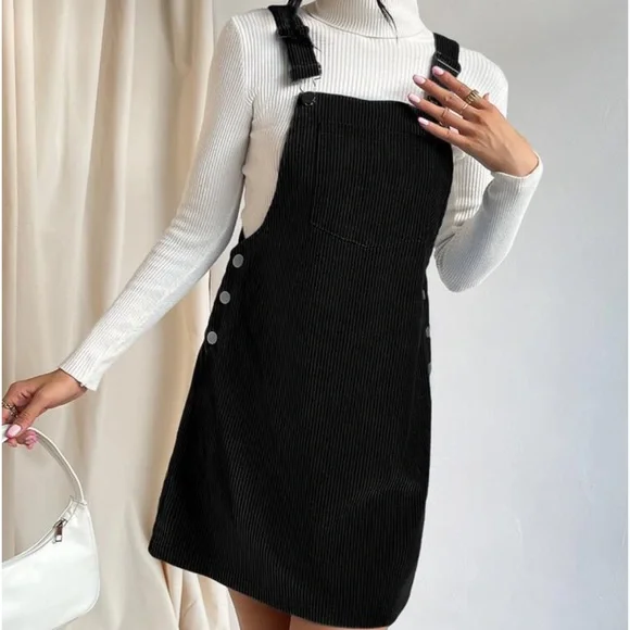Classic Elegant Corduroy Solid Pocket Jumper Overall Dress Without Sweater - Picture 11 of 13